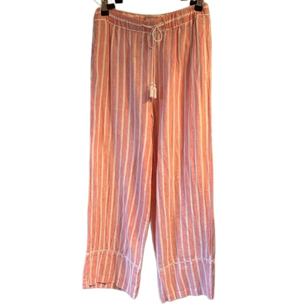 C&C CALIFORNIA Striped Pink And White 100% Linen Pants, Size Small.